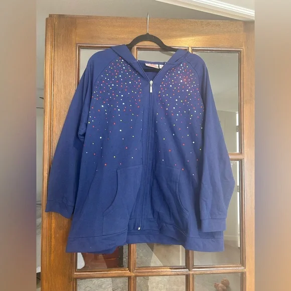 Quacker Factory Sparkle & Shine Zip-Up Hood Sweater Rhinestone Jacket Plus 1X - Picture 2 of 8